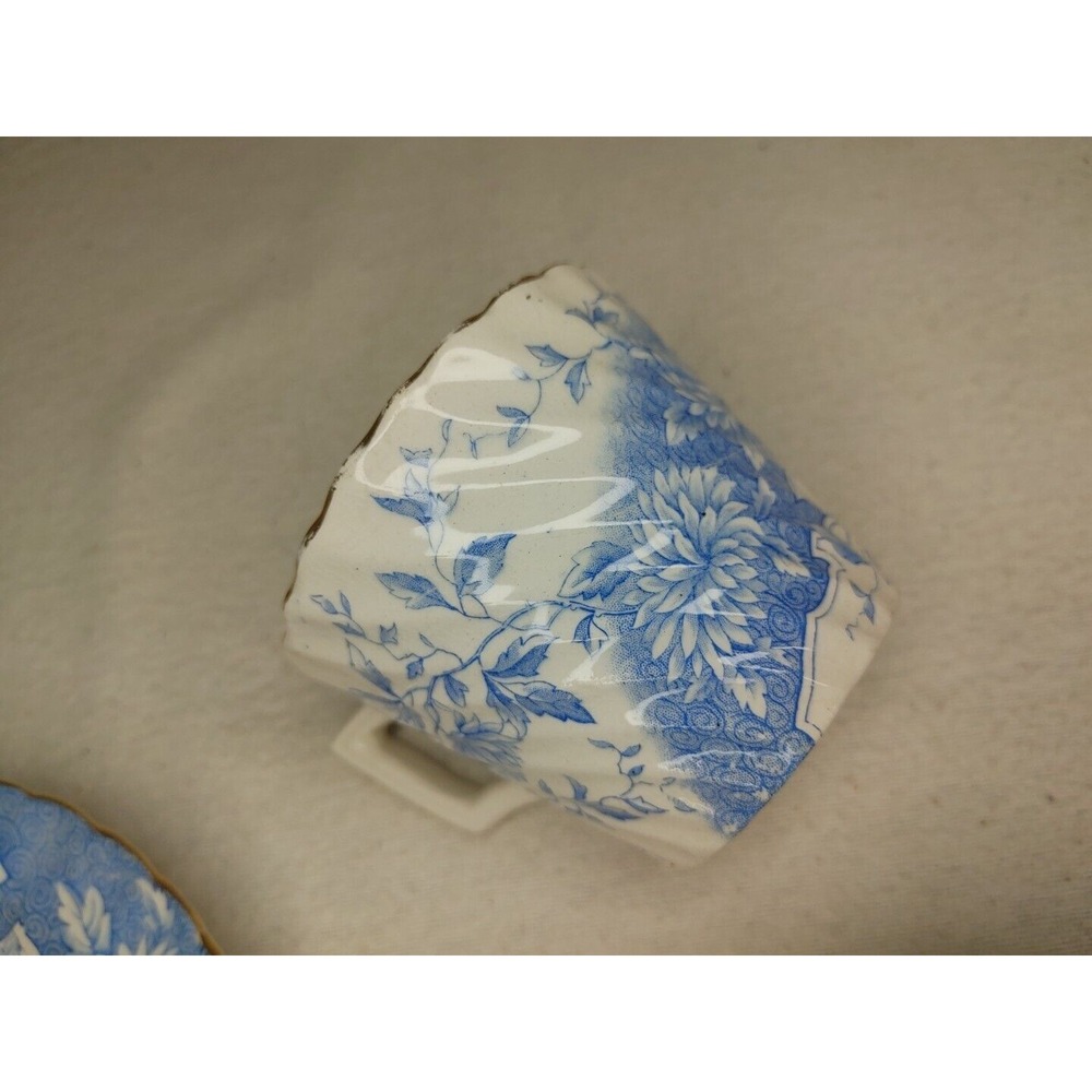 Antique Burgess &‎ Leigh Burslem Cup, Saucer & Plate, 1906-12, Blue Floral Swirl - Picture 5 of 9